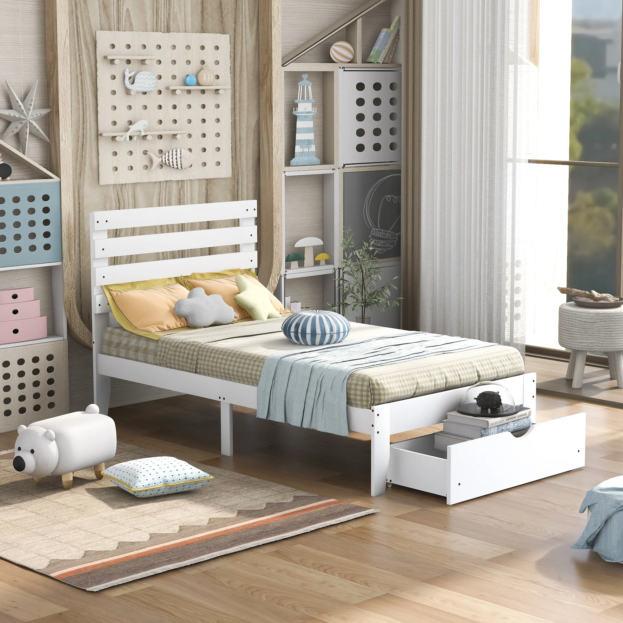 

Twin Size Platform Bed with Drawer, White(New)