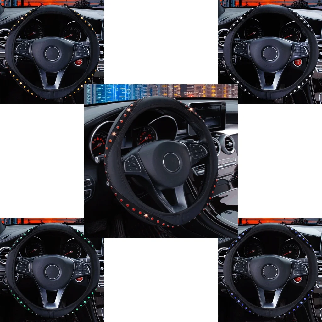 

No Inner Ring Leather Diamond Gem Glitter Elastic Steering Wheel Cover Car Handle Cover