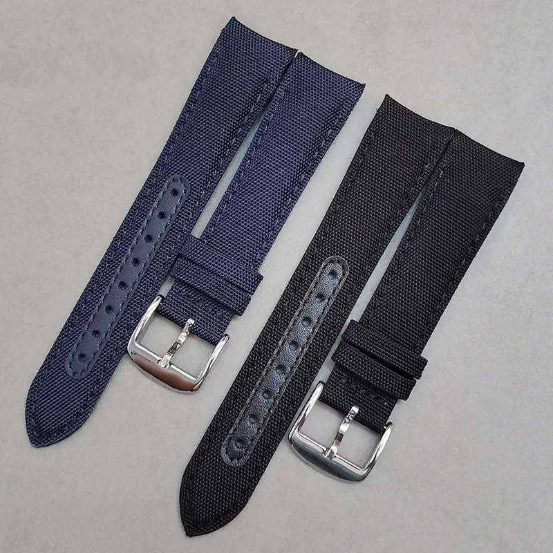 

High-grade Curved End Genuine Cowhide Leather Watch Band 20mm Men Women Weave Nylon Canvas Strap Wrist Bracelet Polished Buckle