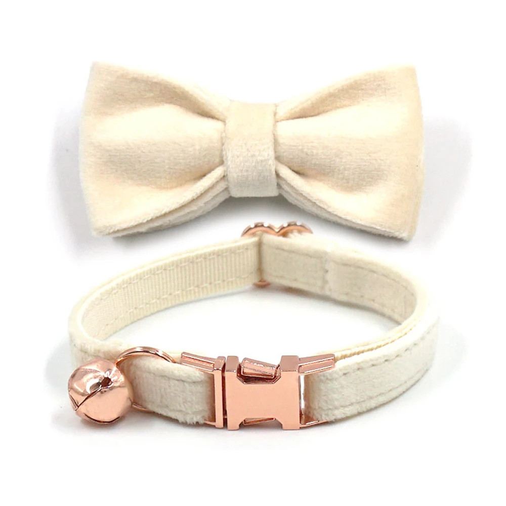 Cream Velvet Personalized Collar for Puppy Small Dogs Thicken Luxury Rose Gold Buckle Cat Collar with Bell Removable Bow Safety