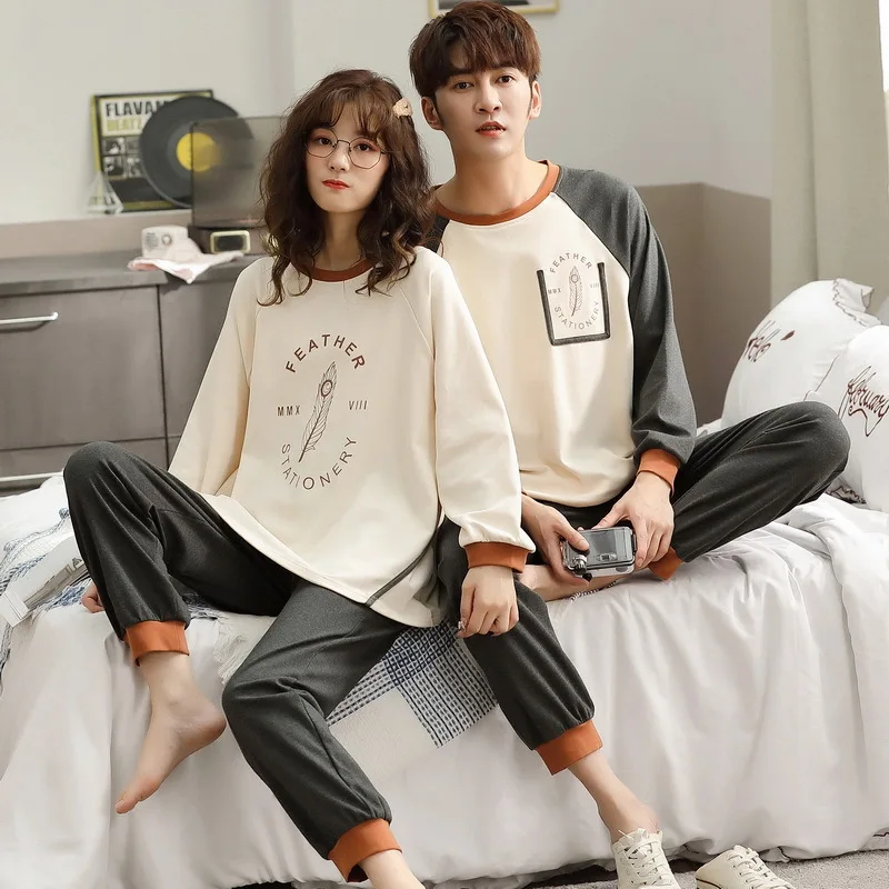 Yasuk Spring Autumn Fashion Women's Casual Soft Cotton Sleepwear Homewear Couple Pajamas Set With Pants Plaid Plume Unisex