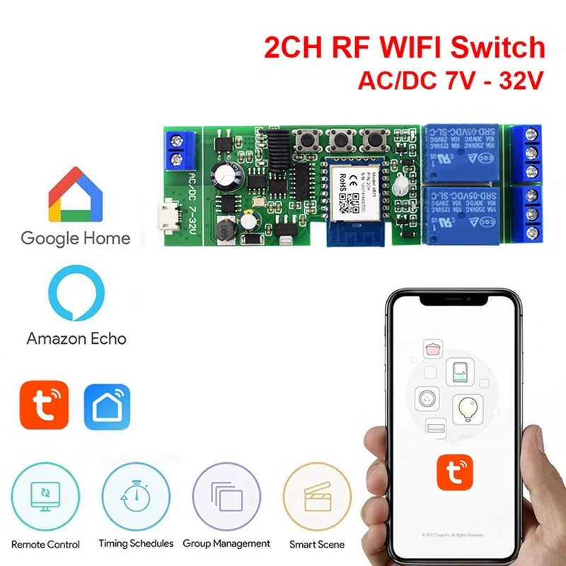 Фото 1 шт. релейный модуль переключателя Wi-Fi Tuya, 2 канала, переменный/постоянный ток, 7-32 В, RF/APP, беспроводной пульт дистанционного управления, умный дом для Alexa, Google Home №5