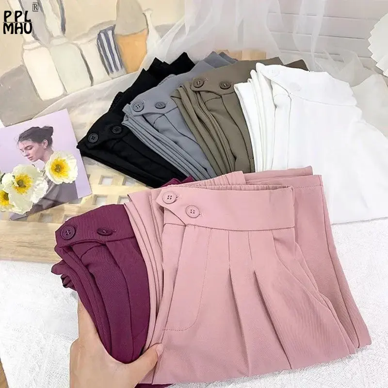 Summer Casual Loose High Elastic Waist Trousers Spring Thin Classic Straight Pantalones Candy Colors Suit Wide Leg Pants Women