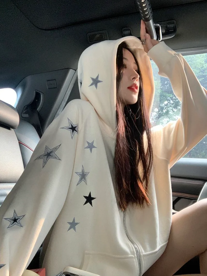 

Star Print Zip Hoodie Casual High Street Fashion Sweatshirt Autumn Korean Style Simple Lazy Long Sleeve Cardigan Women