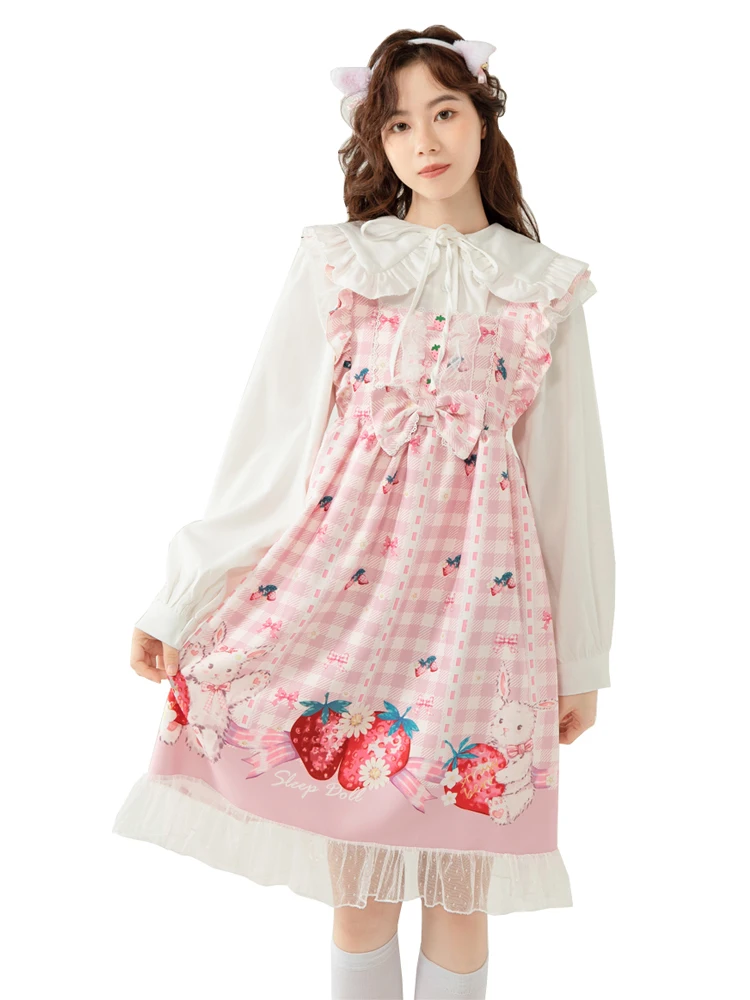 

Летнее платье в стиле "Лолита" с принтом клубники, платье принцессы в клетку с милым рисунком кролика, японские платья без рукавов для девоче...