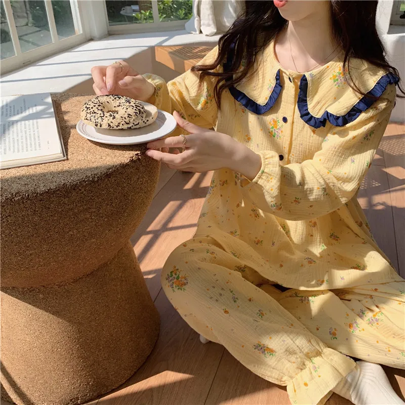 

Yellow Floral Print Autumn Home Suit Women Korean Sweet Peter Pan Collar Shirts + Trousers Cotton Sleepwear Pajamas Set Ins