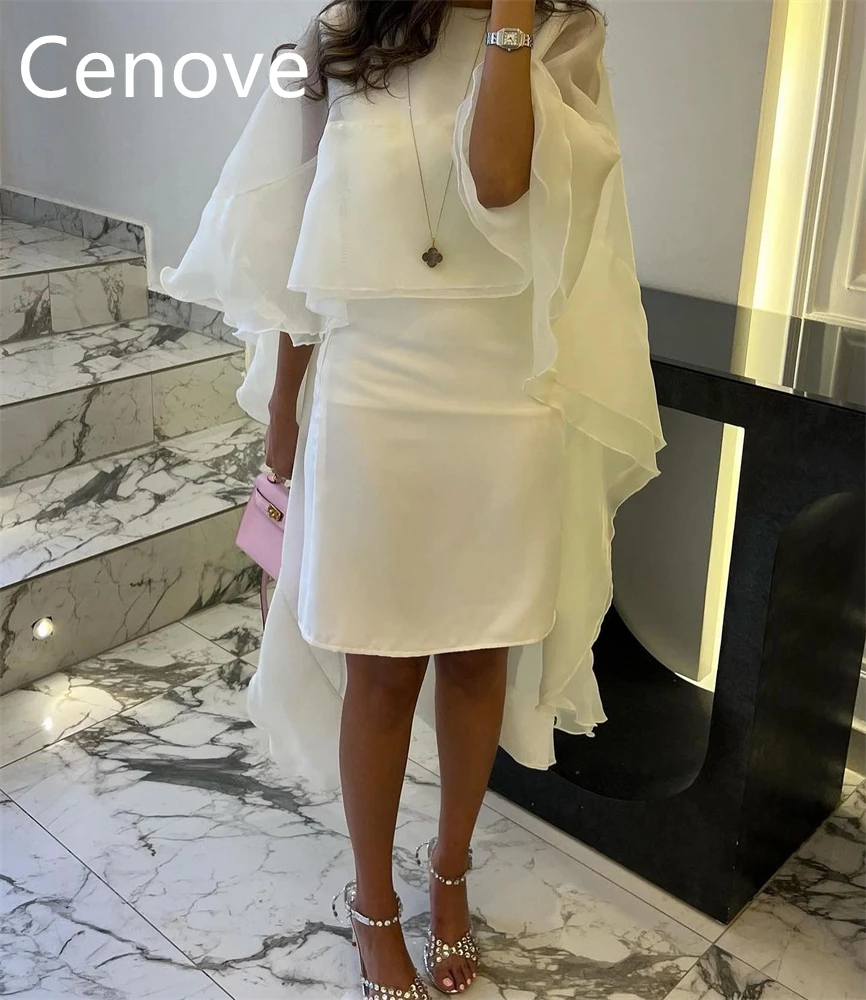 

Cenove Beige High Neckline Prom Dress Long Sleeves With Knee Length Evening Summer Elegant Party Dress For Women