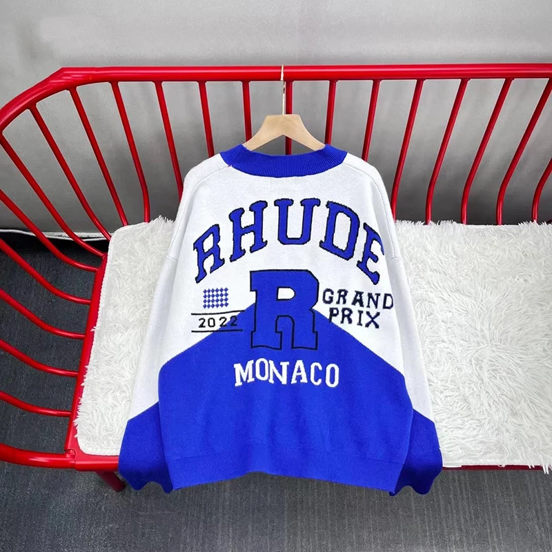 Cardigan Button V-neck Patchwork RHUDE Knitt Sweater Men Women Best Quality Jacqurd Logo Sweatshirts Pullover