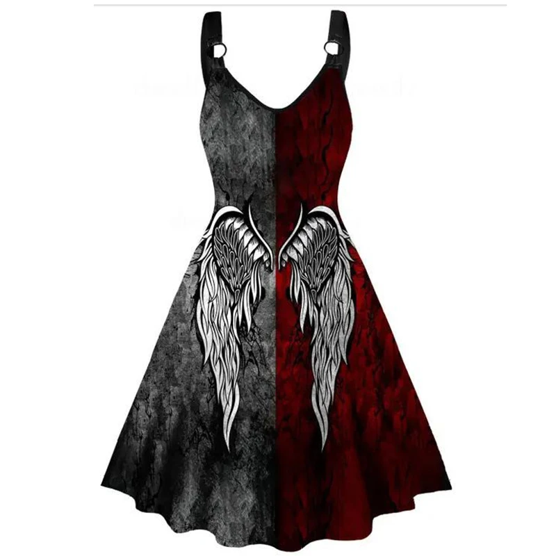

Sexy Dress Gothic Style Women Horror Thriller Skirt Halloween Costumes Halter Dress Skull Devil Wings Printed Spelling Color