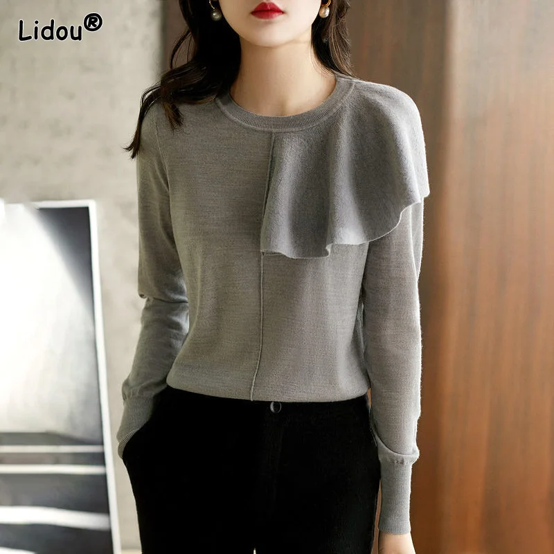 

O-Neck Ruched Sweaters Elegant Fashion Solid Autumn Winter Women's Clothing Polyester Loose-fitting Thick Dignified Pullovers