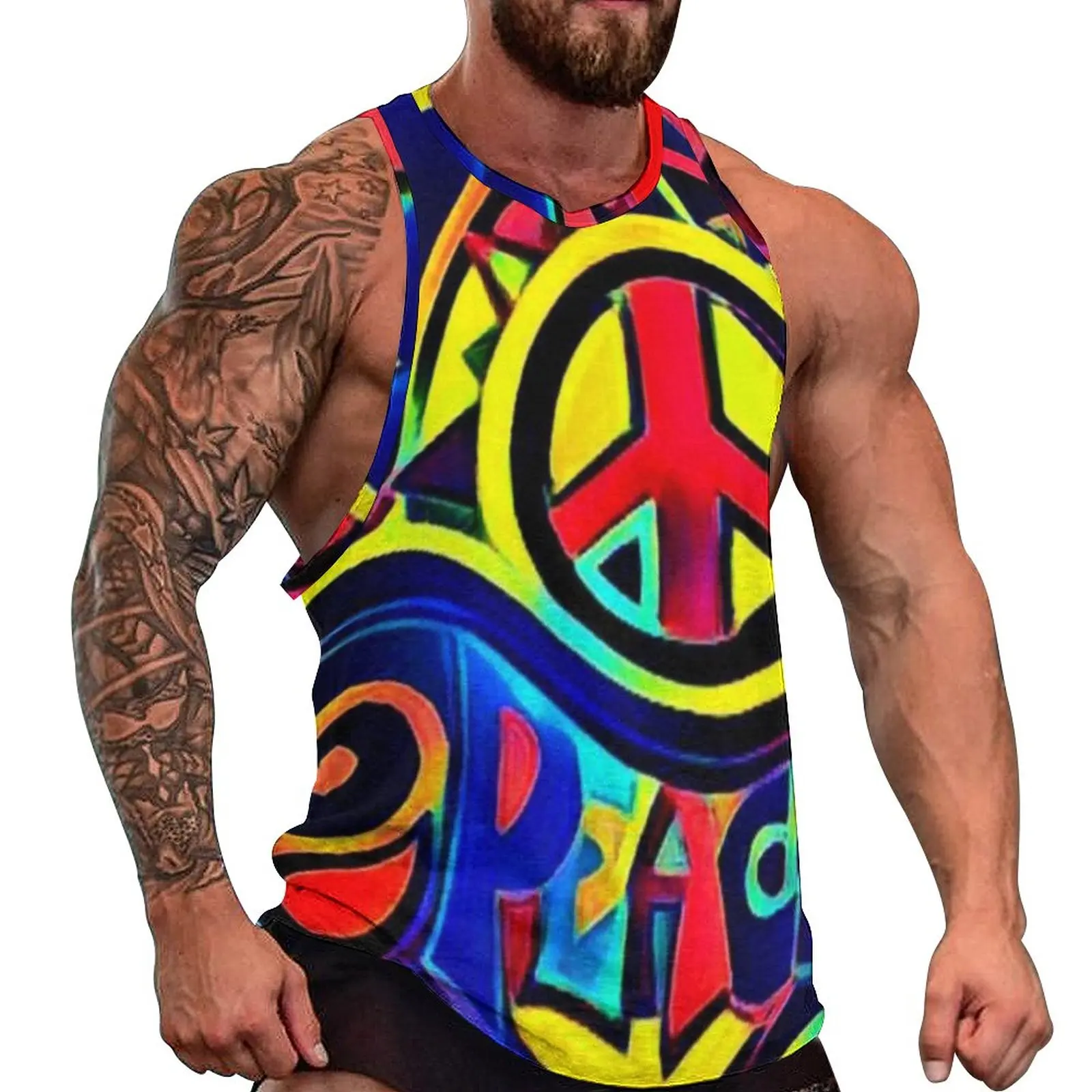 

Peace And Love Tank Top Men Bold Retro Art Training Oversize Tops Summer Trendy Graphic Sleeveless Vests