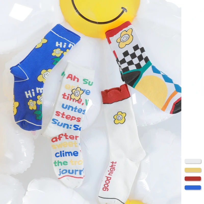

Sun flower flower cartoon letters personalized cute girls quirky retro checkerboard socks female mid-thigh cotton socks