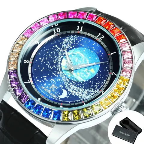 Модные мужские механические часы с вращающейся звездой и автоматическим циферблатом, повседневные радужные Роскошные Брендовые мужские часы с кожаным ремешком, 2023