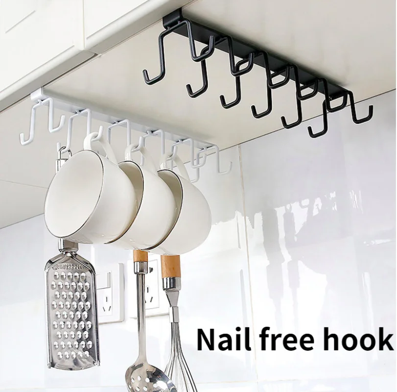 

Kitchen Wrought Iron Seamless Nail-free Hook Cabinet Storage Rack Multi-functional Wardrobe Row Hook Door Rear Finishing Rack