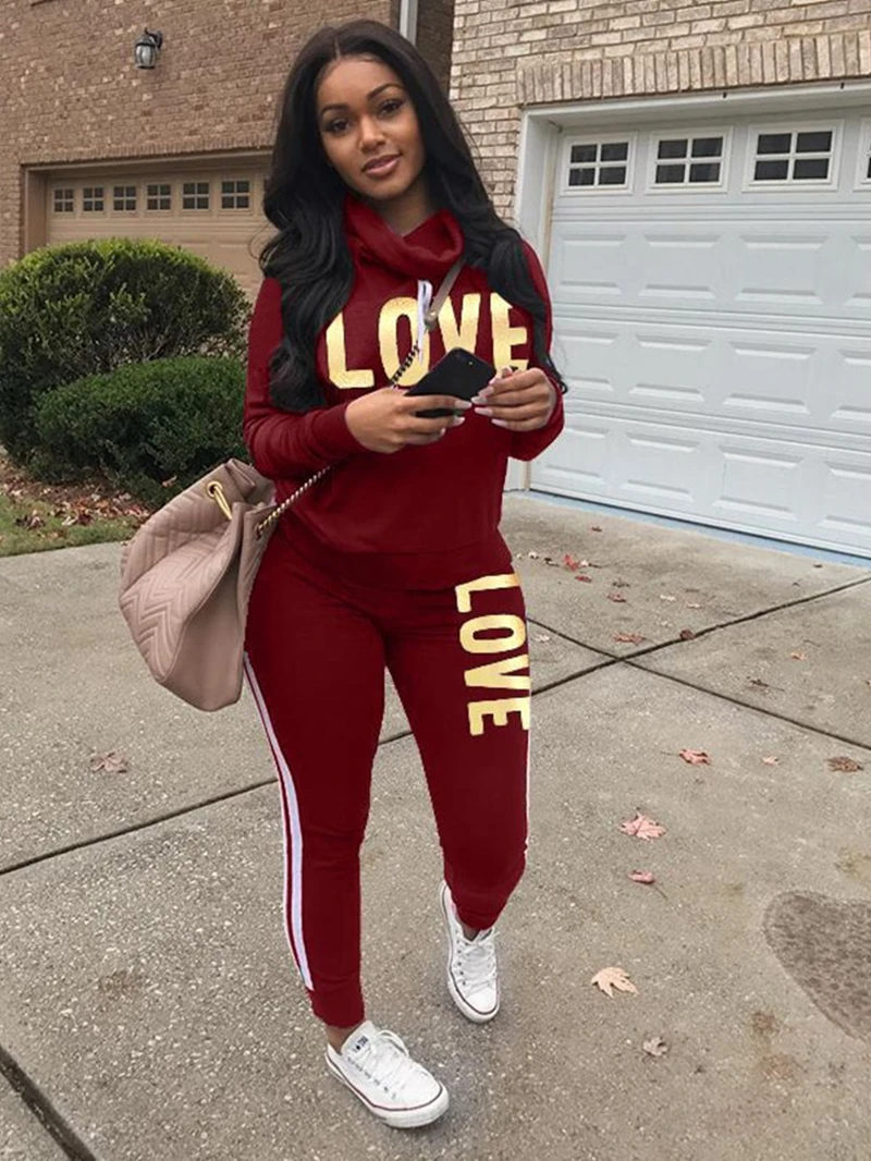 

Женский спортивный костюм из двух предметов, осенняя одежда с принтом LOVE, топ с высоким воротником и длинные брюки, повседневные спортивные ...