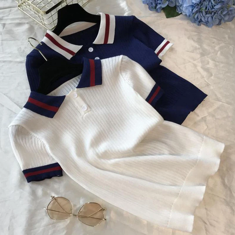 

Knitted Preppy Cute Tops Youth Elegant Blouse Women Pretty Blouses Polo Shirt Short sleeve Summer Tops 2022 Fashion New