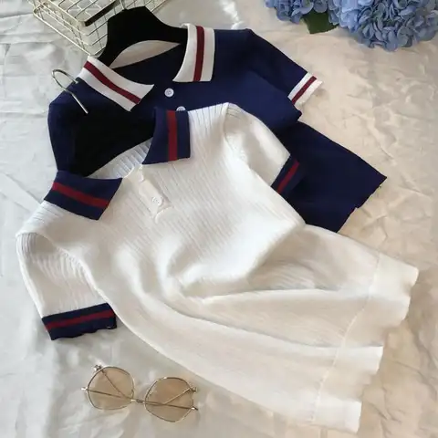 Knitted Preppy Cute Tops Youth Elegant Blouse Women Pretty Blouses Polo Shirt Short sleeve Summer Tops 2022 Fashion New