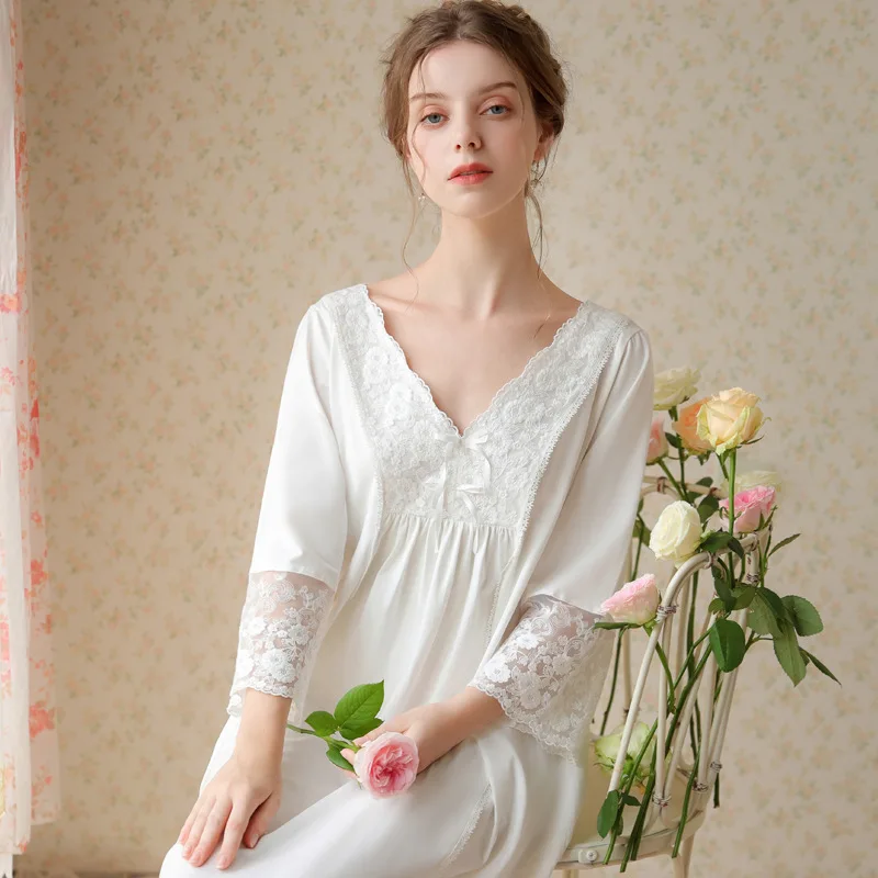 

Autumn Women Sleepshirts Sexy Lace Long Sleeve Nightgown Pullover Cute Nightwear Loose Princess Sleepwear Nighty Cotton Gown