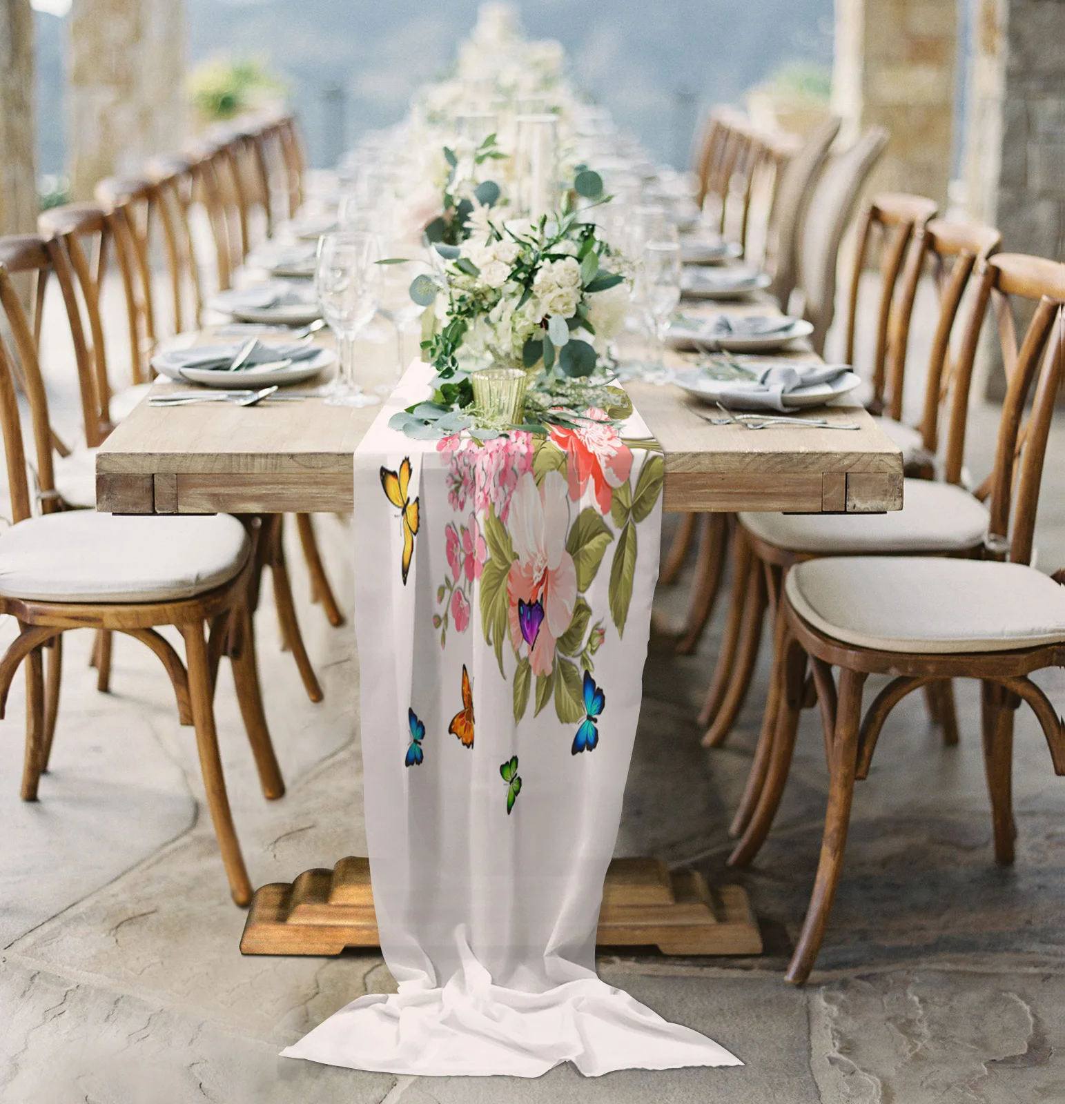 

Pink Flower Illustration Butterfly Sheer Chiffon Table Runner Wedding Party Birthday Luxury Voile Tablecloth Home Decoration