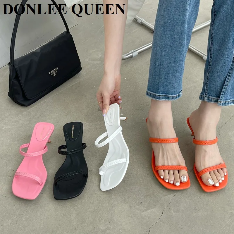 

Fashion Women Slippers Brand Sandals Med Heels Slip On Slides Summer Shoes Elegant Narrow Band Slipper Outdoor Flip Flops Mujer