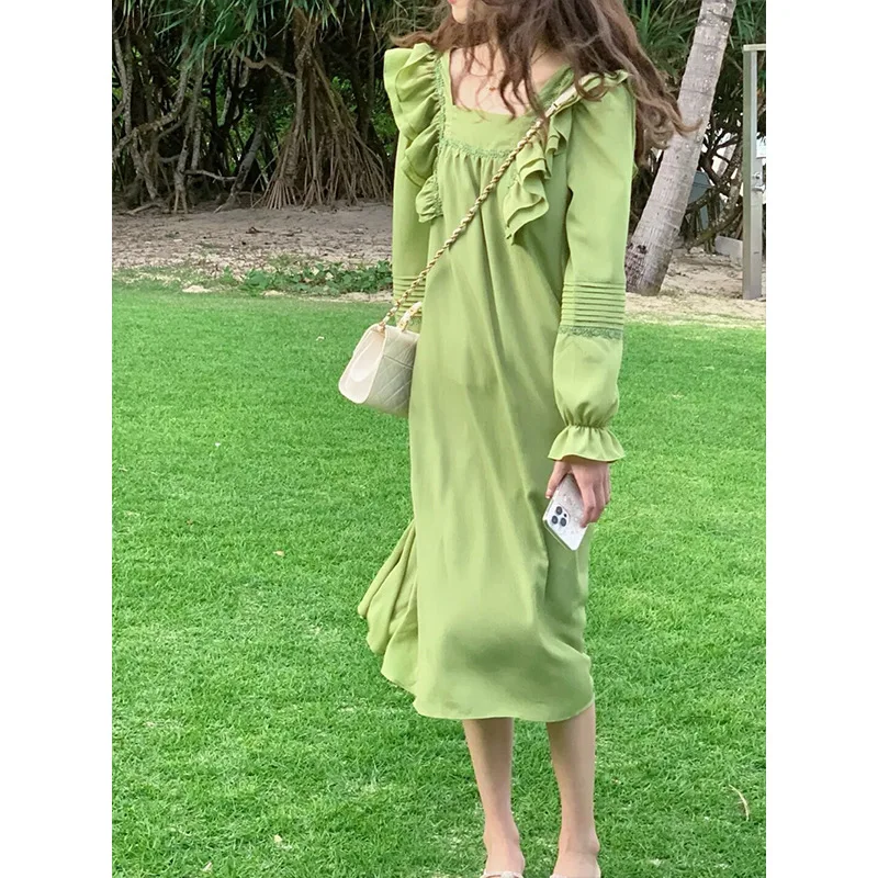 

2023 New Boho Dresses for Women Maxi Party Dress Flounced Edge Loose Green Flying Long Sleeve Long Beach Dress Summer Vocation