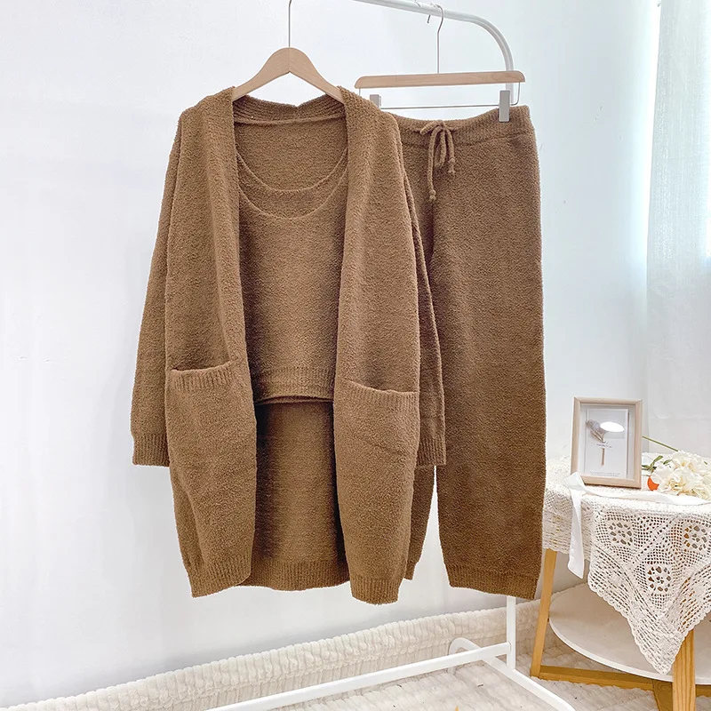 Thick Women Pajamas Set Three-piece Home Clothes Soft Warm Autumn Winter Long-sleeved Trousers Suspenders Cardigan Wool Knitting