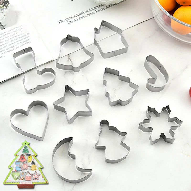 

10PCS/Set Stainless Steel Christmas Cookie Cutters Xmas Tree Star House Bells Snowflake Baking Cake Biscuit Fondant Mold