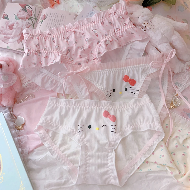 

3 шт. милые Y2K Hello Kitty, милое нижнее белье для девочек, аниме, сексуальные мягкие тонкие женские трусы из ледяного шелка, шорты, штаны, трусики, Подарочная игрушка