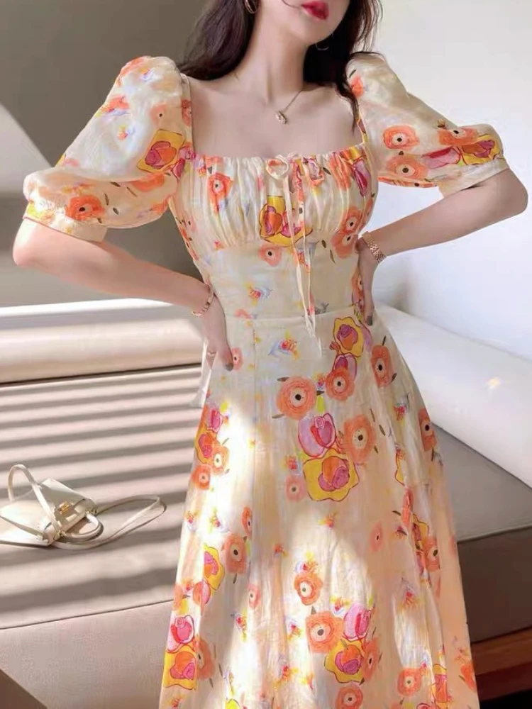 

Women's Summer Floral Print Casual Midi Dress Short Sleeve Elegant A-Line Party Vestidos Female Fashion Outwear Slim Clothes