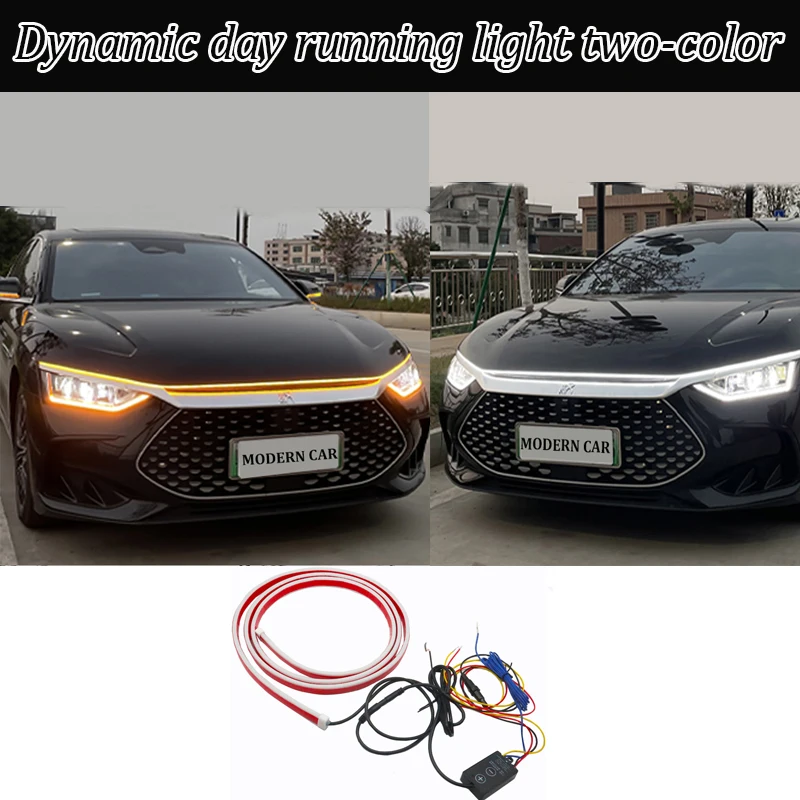 

Yellow White Dynamic LED Daytime Running Light Strip For Car Universal Auto Headlight Strips Scan Car Hood Decorative Light 12V