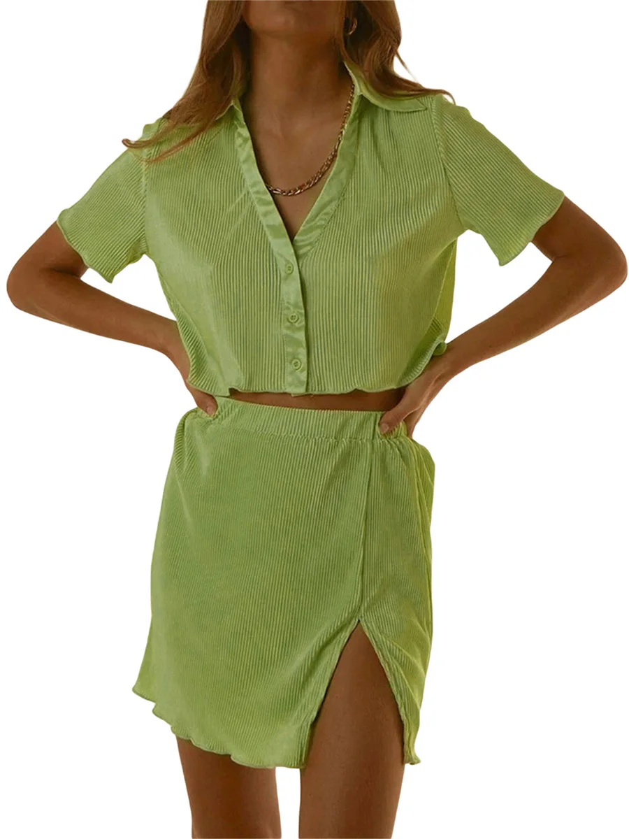 

Women 2 Pieces Outfits Mini Skirt Set Solid Color Turn Down Collar Short Sleeve Tops Elastic Waist Split Skirts Suit
