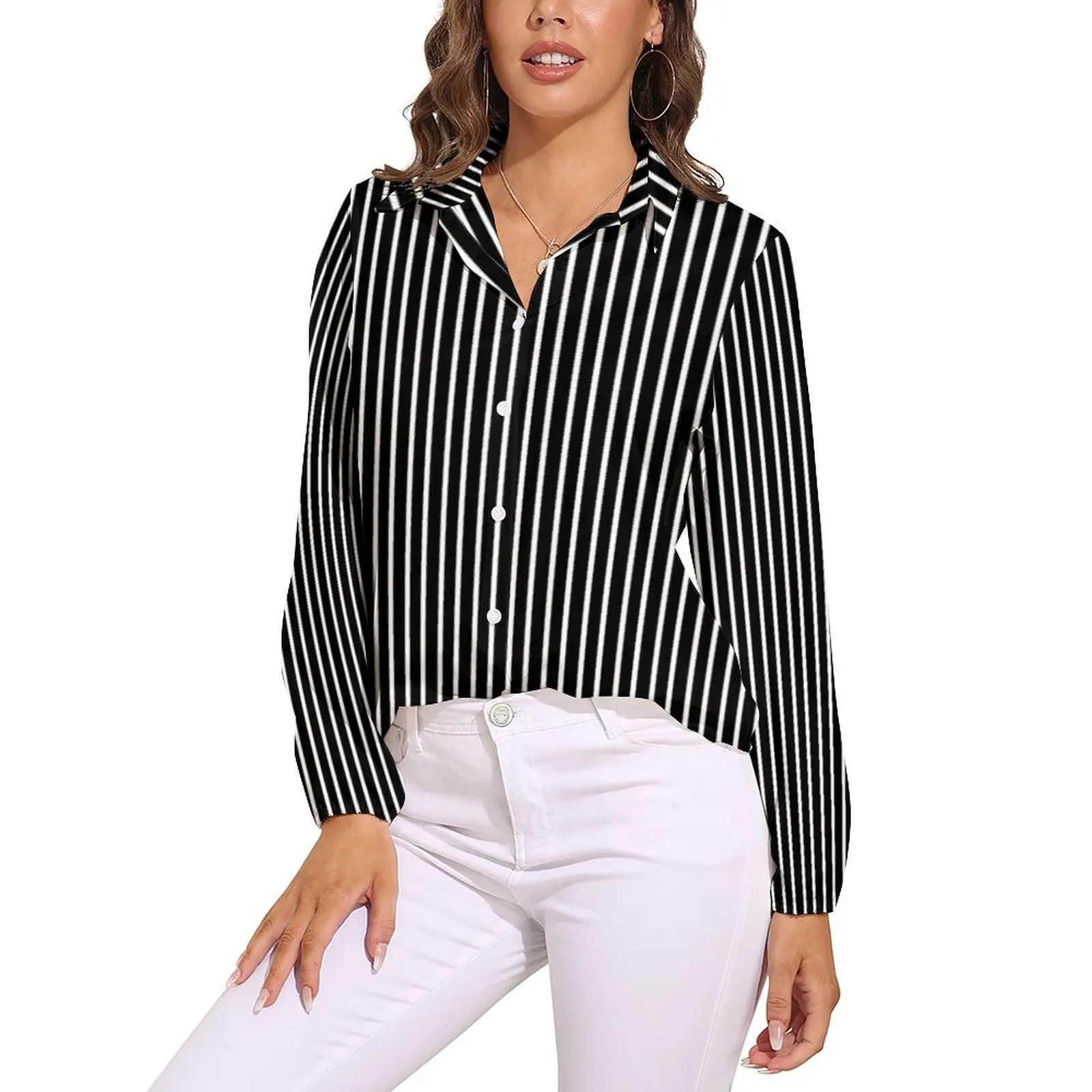 

Lines Print Blouse White Pinstripe Vintage Custom Blouses Female Long-Sleeve Streetwear Shirts Spring Oversized Tops
