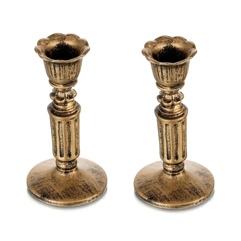 

Vintage Candlestick Candle Holder For Taper - Distressed Rustic Gold Resin Candleholder Set Of 2 For Tapered Candle