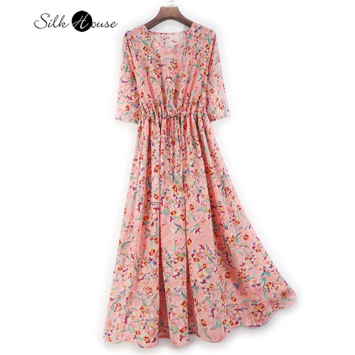 

Tie Dyed Butterfly V-neck Silk Dress Medium Sleeve Beach Skirt Mulberry Silk Medium Length 2022 Women's Fashion Dress