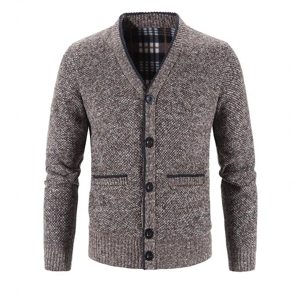 Brand Men Knitted Coat Solid Color V Neck Autumn Winter Fashion Thicken Plush Warm Cardigan Sweater for Outdoor Daily Wear 2023