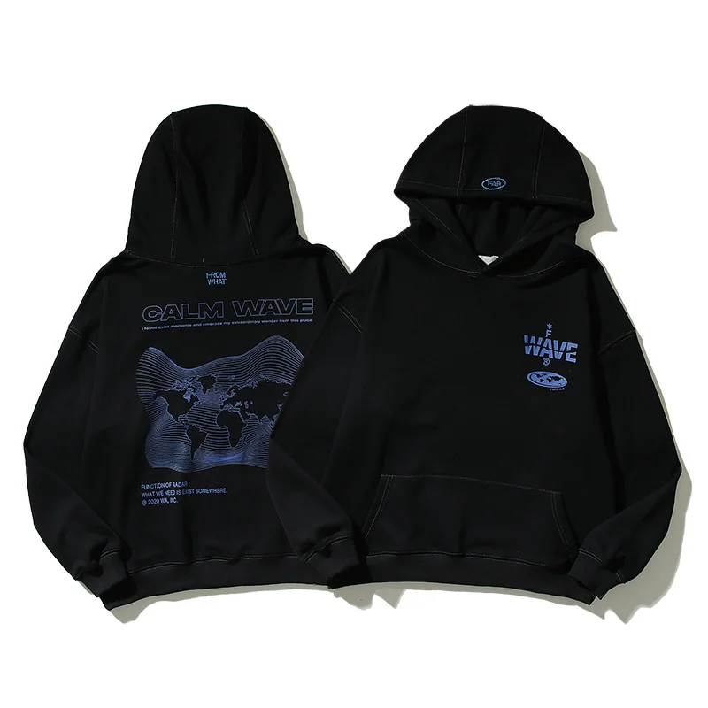 

arajuku Retro World Map Wave Letter Embroidery Men's and Women's ded Sweatsirts i Street Spliced Terry Pullover die