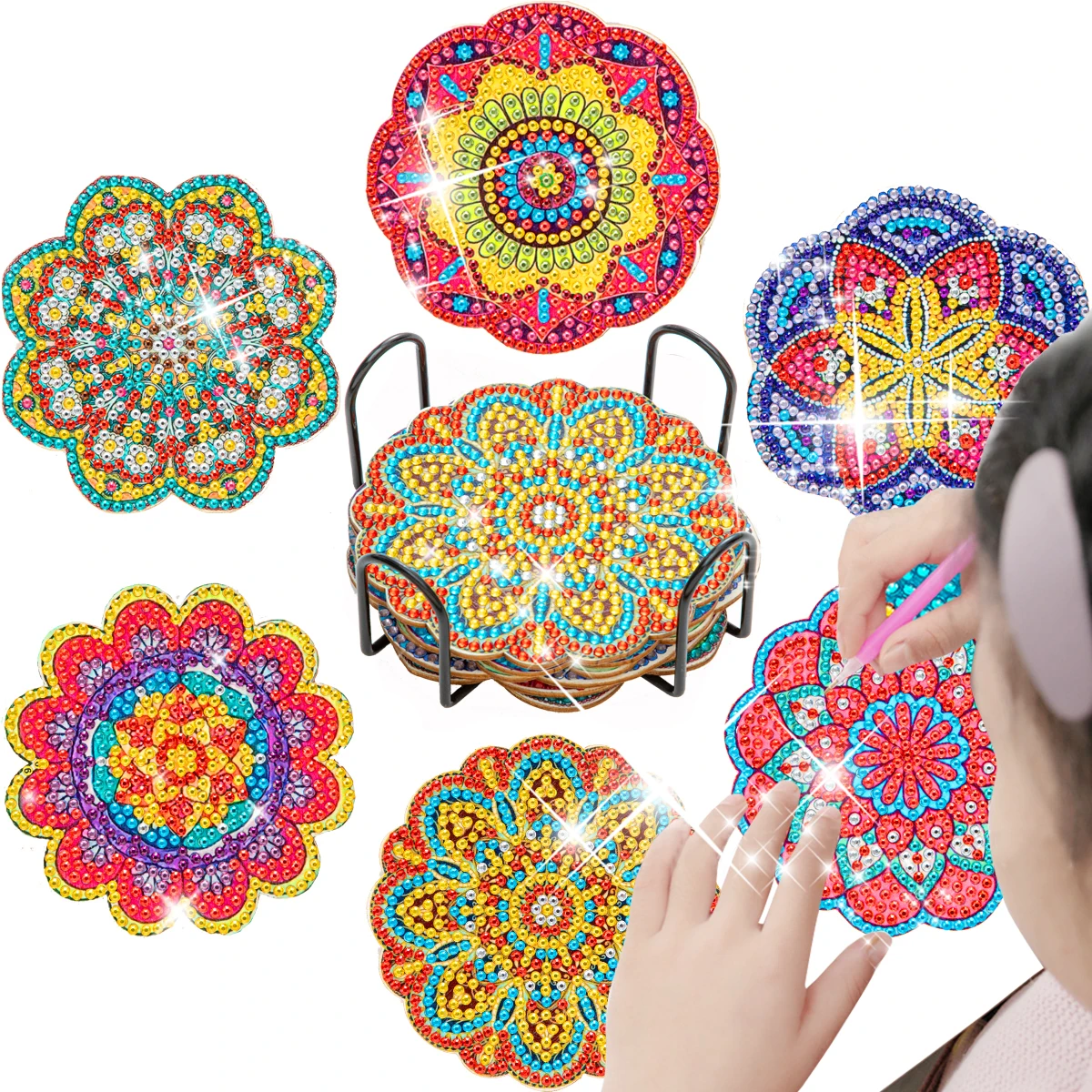 

CHENISTORY 6pc/sets Diamond Painting Coasters Mosaic Art For Adults Kids Beginners With Holder Mandala 10x10cm Gift