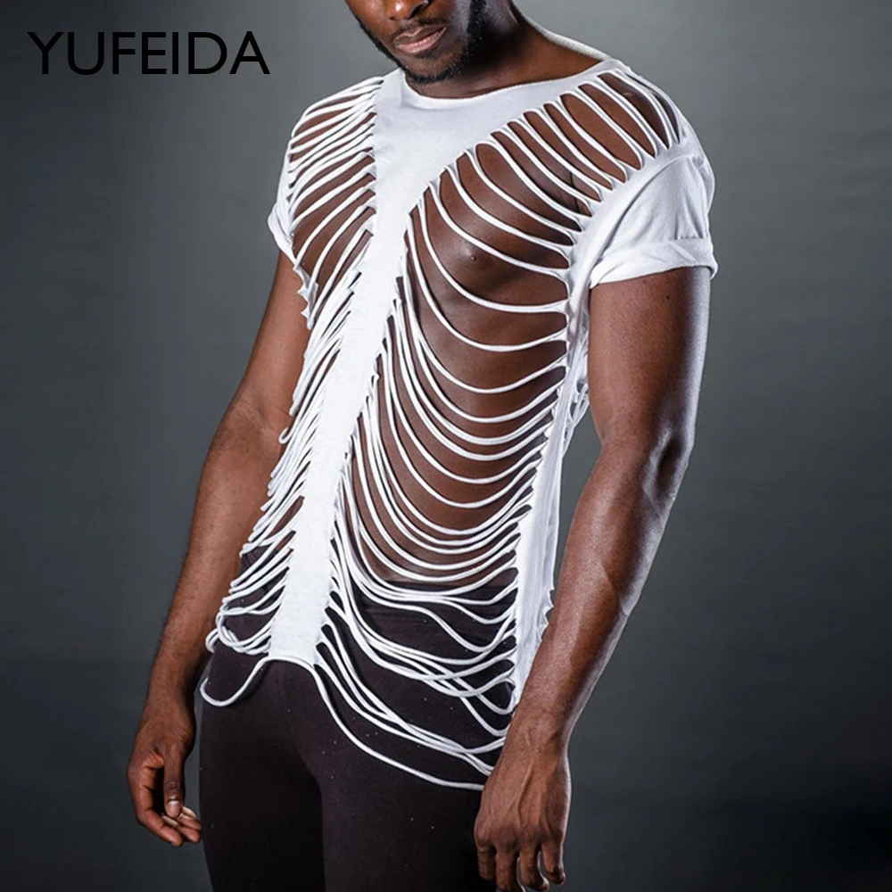 

YUFEIDA Sexy Hollow Out Tee Tops Halloween Party Cosplay Men Clothing See Through Solid Color Sexy Short Sleeve T-shirt for Man