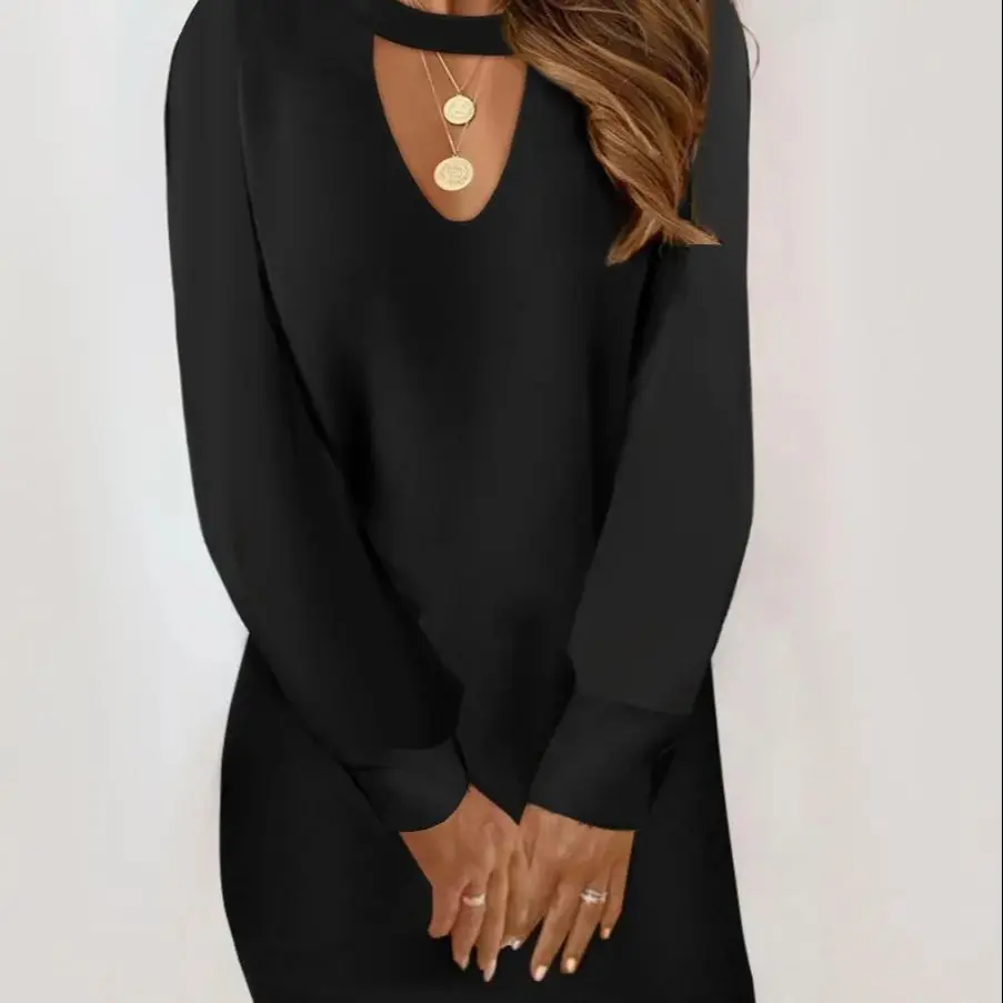 Модное Черное Кружевное Мини-платье С V-образным Вырезом И Длинными Рукавами Для