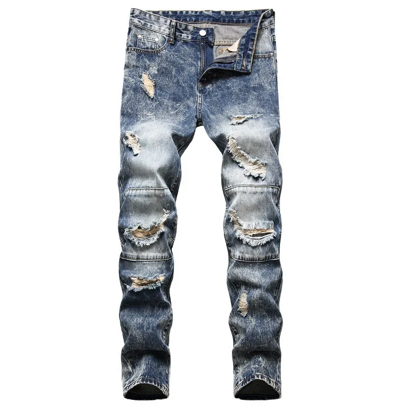 

MORUANCLE Men's Hi Street Ripped Jeans Pants Vintage Destroyed Denim Trousers Retro Torn Jeans With Holes Washed Blue Plus Size