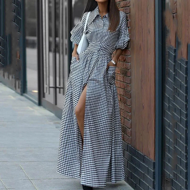

2023 Fashion Lantern Sleeve Maxi Length Shirt Dress Chic Plaid Print Commuting Casual Long Dress Women Lapel Lace-up Belt Dress