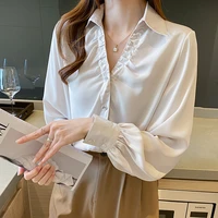 fashion button up satin silk shirt vintage blouse women white lady long sleeves female loose street shirts chiffon tops 665e