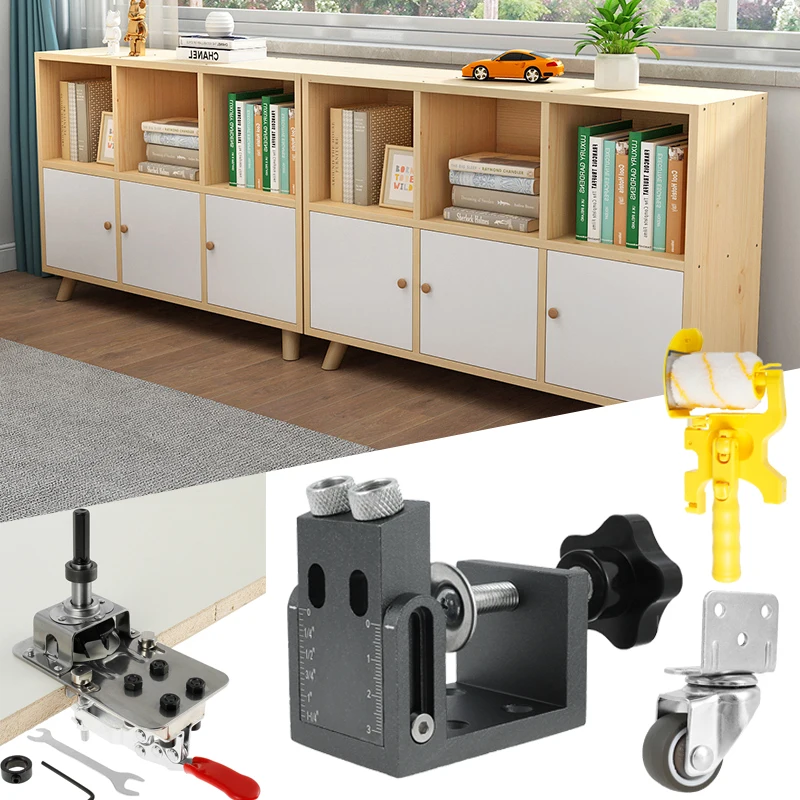Hands DIY Oblique Hole Locator Joinery Kit, Hinge Drilling Jig Guide 35mm, Furniture Casters, Handle for Wooden Door cabinet