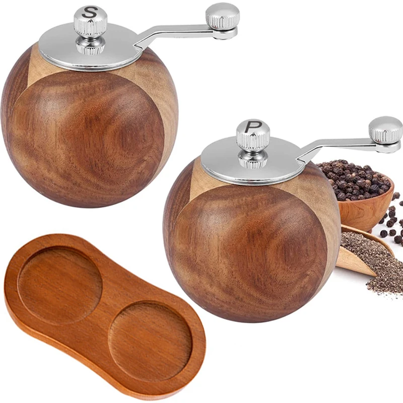 

Salt and Pepper Mills, Solid Wood Round Pepper Grinders With Adjustable Coarseness by Ceramic Rotor, Kitchen Spice Cooking Tools
