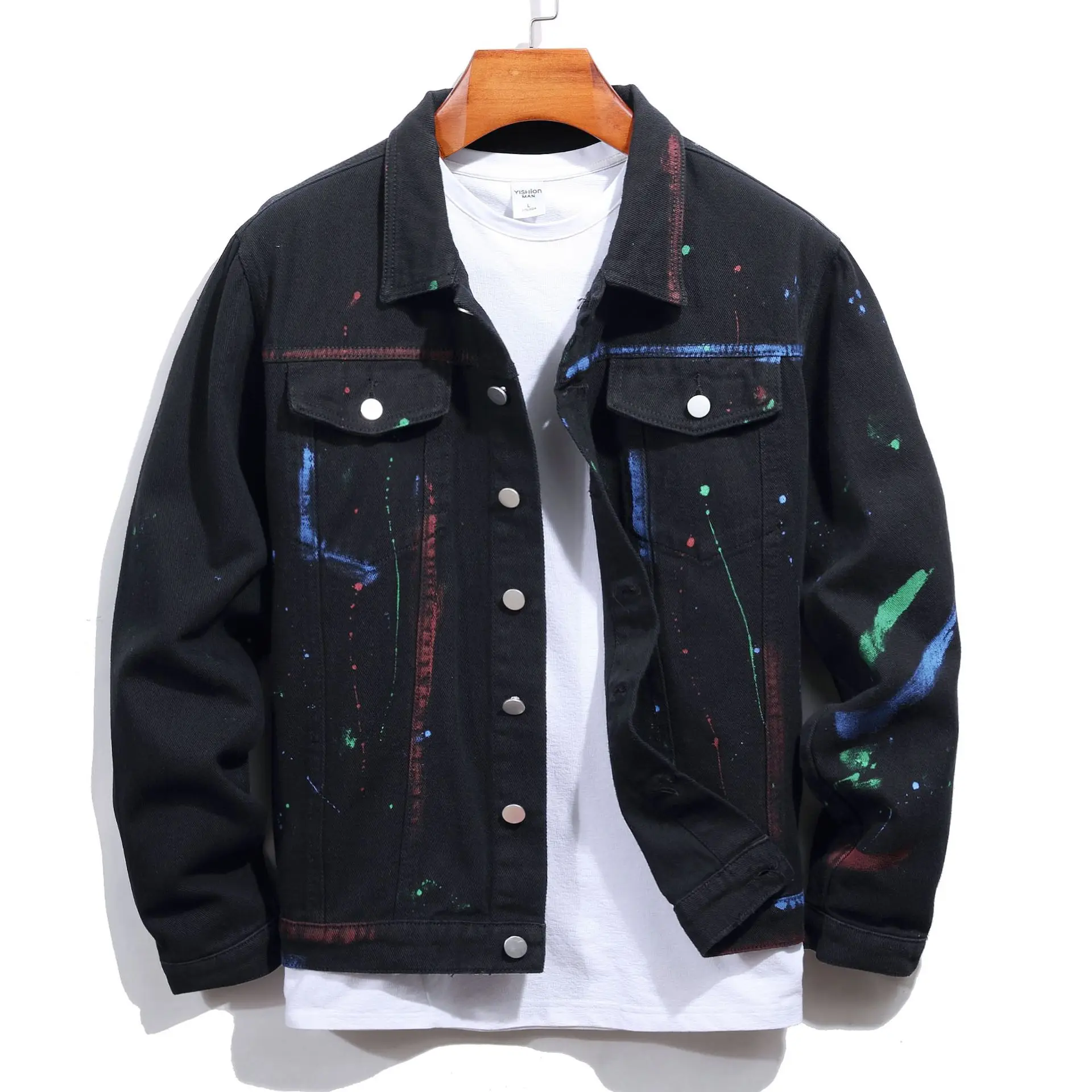 

Джинсовая куртка мужская приталенная, хлопок, деним, рваная Джинсовая Верхняя одежда, цвет красный/белый/черный, весна/осень, 22