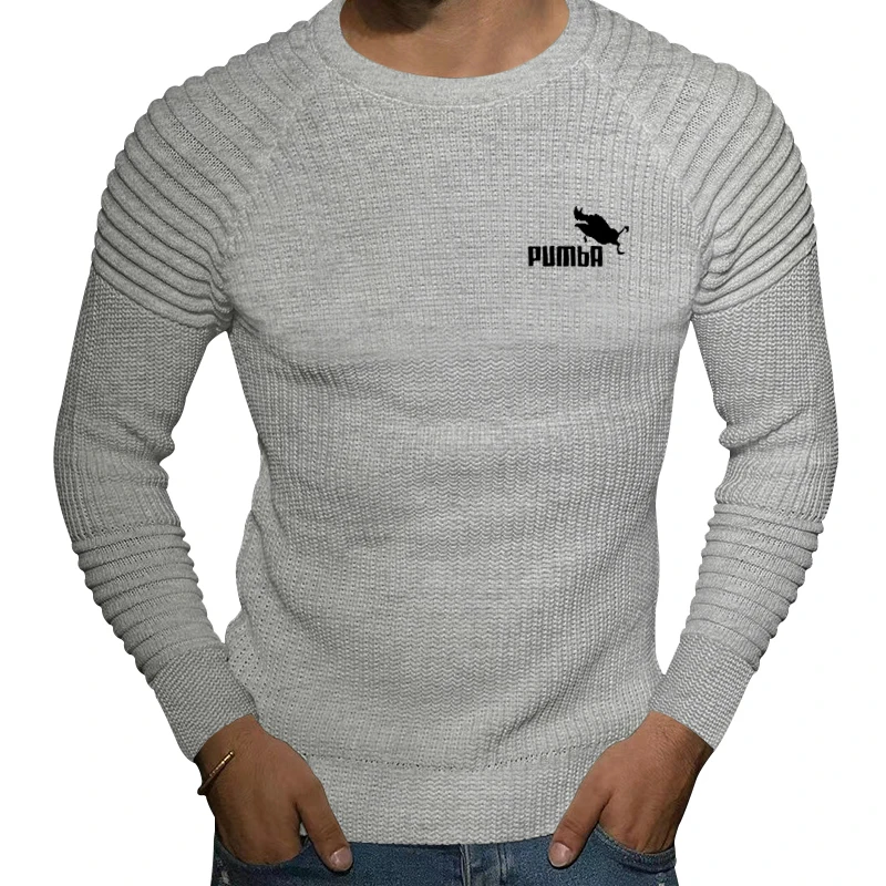 Autumn and Winter New Men's Slim Fit Knitted Sweater Round Neck Solid Color Panel Shoulder Folding Bottom Fashion Top