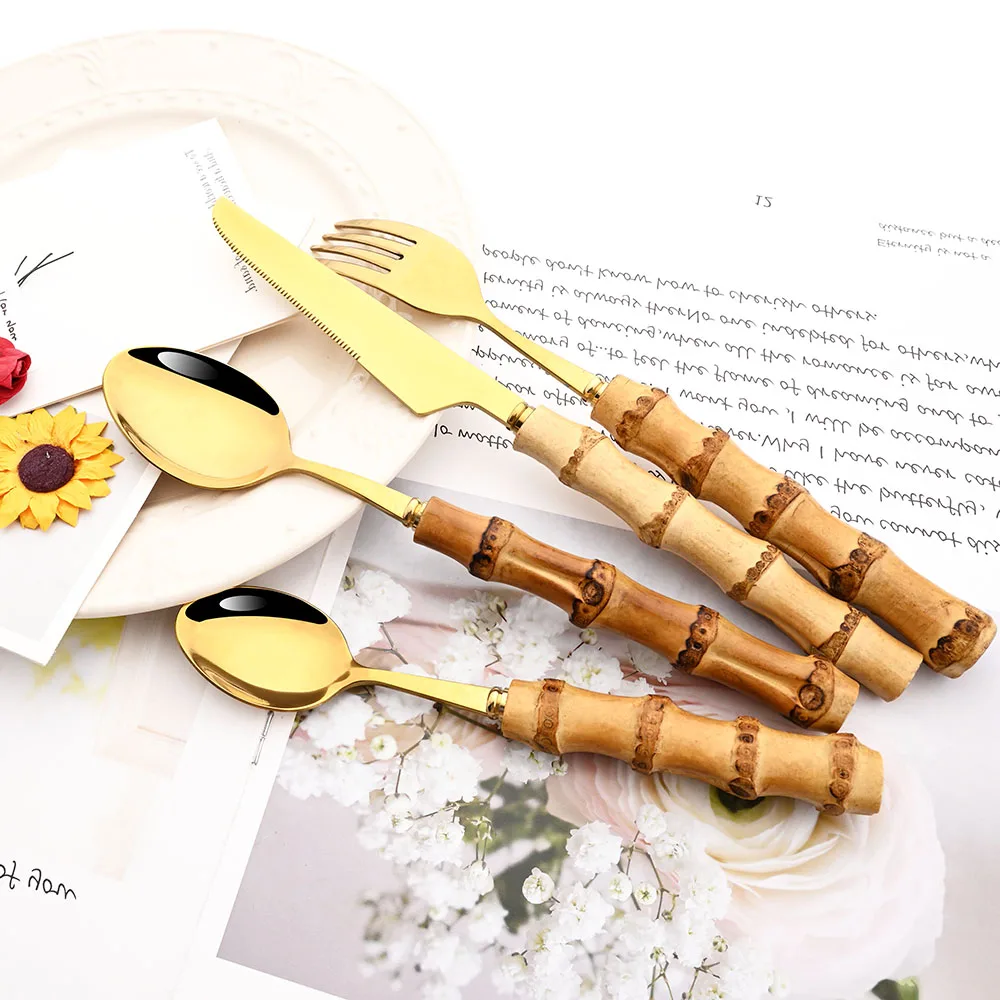 

6/24Pcs Cutlery Set Purely Natural Bamboo Handle Flatware Set Tableware Set Knives Cutlery Set Stainless Steel Dinnerware Set