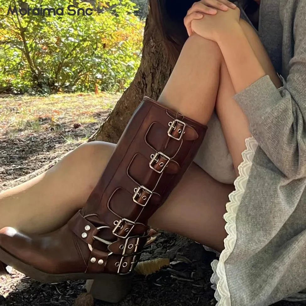 Vintage Brown and Black Ladies Knight Boots Block Heel Boots Metal Strap Buckle Platform Large Size Retro Fashion Women's Boots