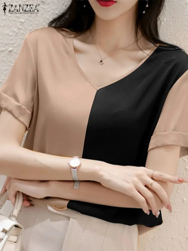 

ZANZEA Fashion Satin Tops Women V Neck Contrast Color Blouse Female Work OL Shirt Summer Causal Short Sleeve Blusas Femme Tunic
