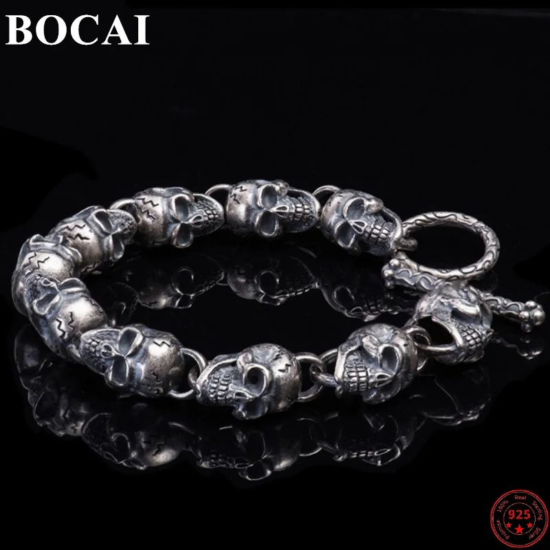 

BOCAI S925 Sterling Silver Bracelets for Men 2023 New Men's Fashion Retro Domineering Skull-chain Punk Argentum Hand Jewelry